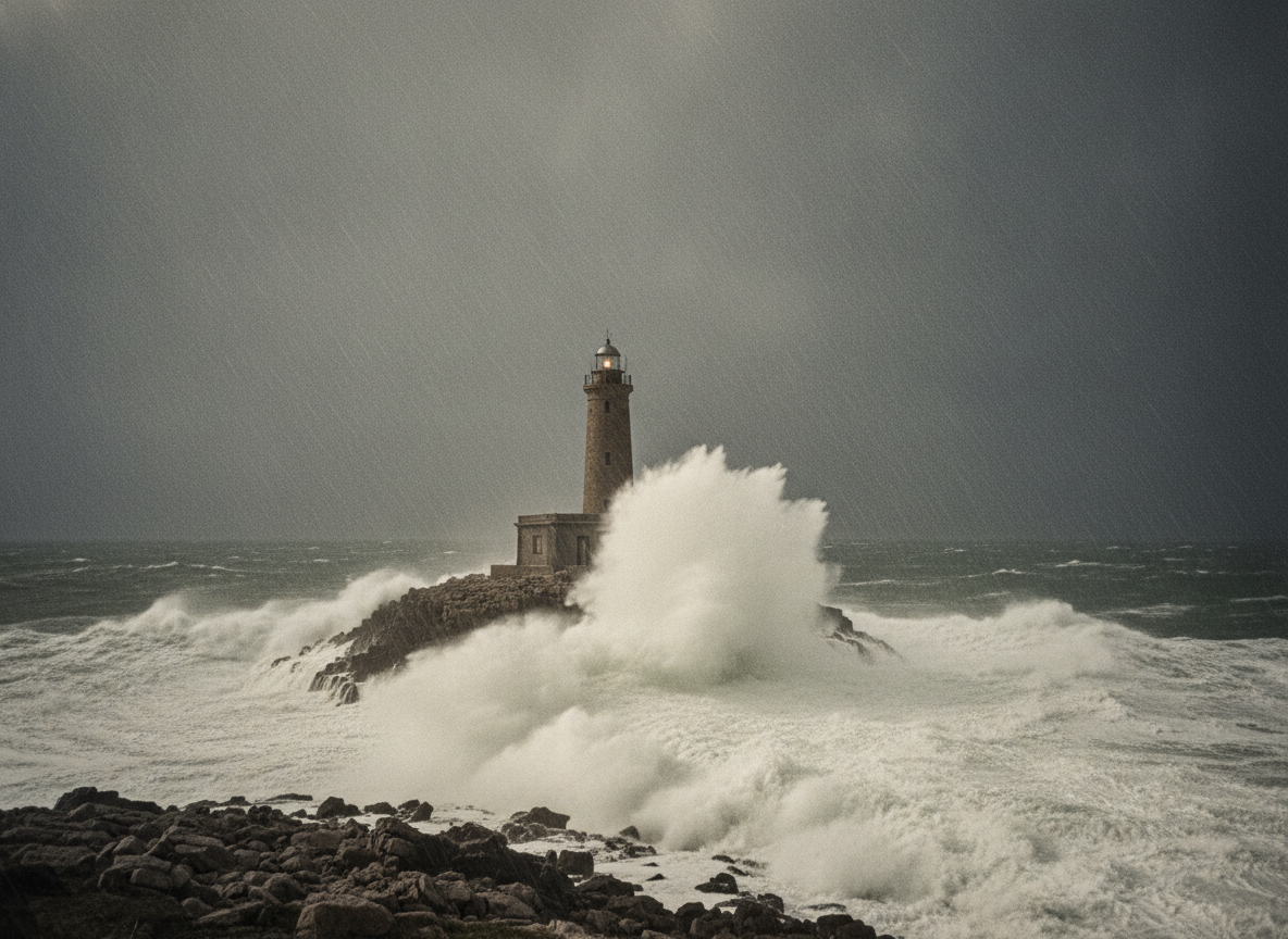 La tormenta batiendo el faro, vista desde el anexo