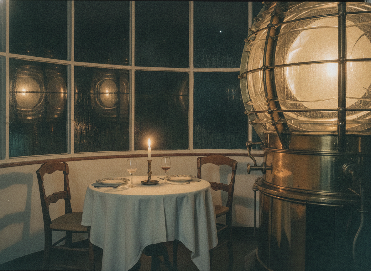 La mesa puesta dentro de la linterna, a la luz de una vela